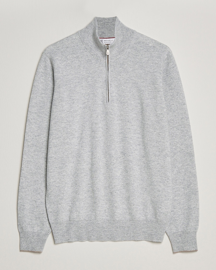 Brunello Cucinelli 2 Ply Cashmere Half Zip Light Grey – Gris