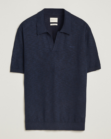 GANT Linen/Cotton Open Collar Polo Evening Blue – Azul