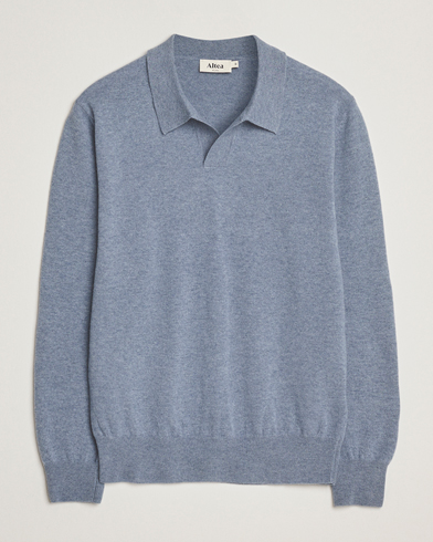 Altea Long Sleeve Knitted Wool Polo Blue Melange – Azul