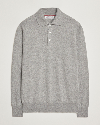Brunello Cucinelli 2 Ply Cashmere Long Sleeve Polo Grey Melange – Gris