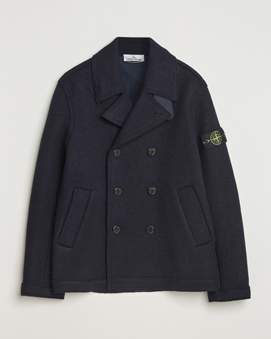 Stone Island Double Breasted Felted Wool Peacoat Navy – Azul