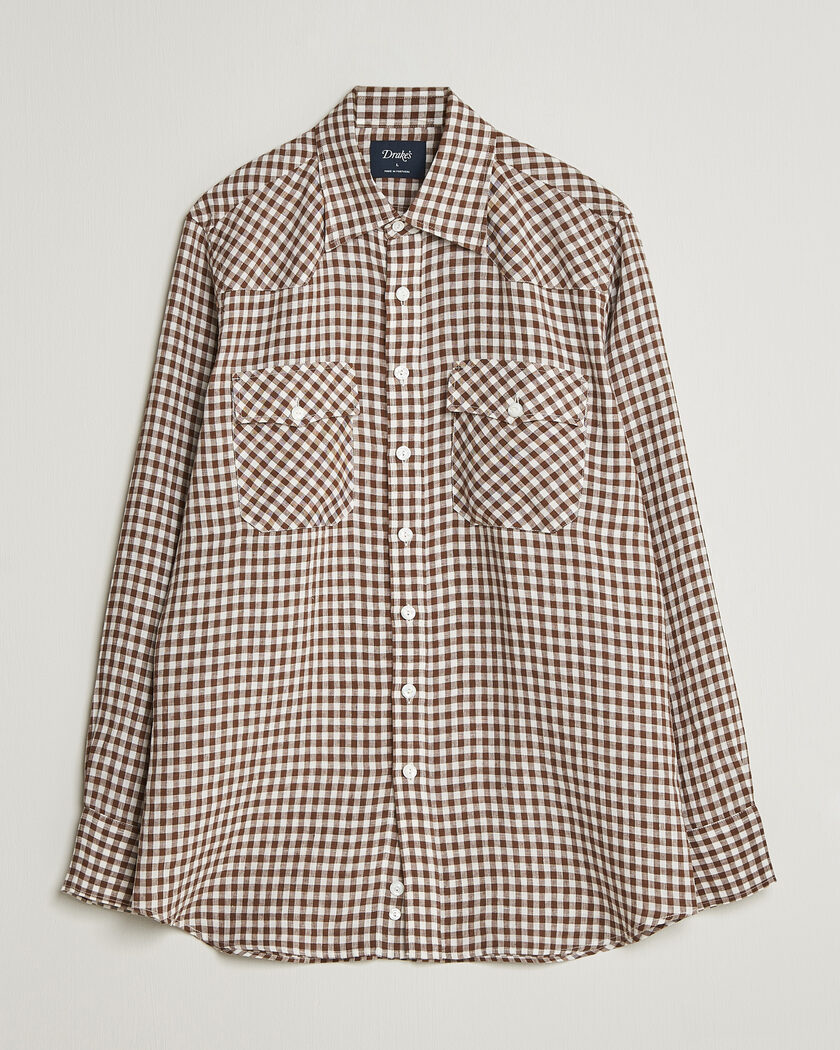 Drake's Linen Gingham Western Shirt Brown/White – Marrón