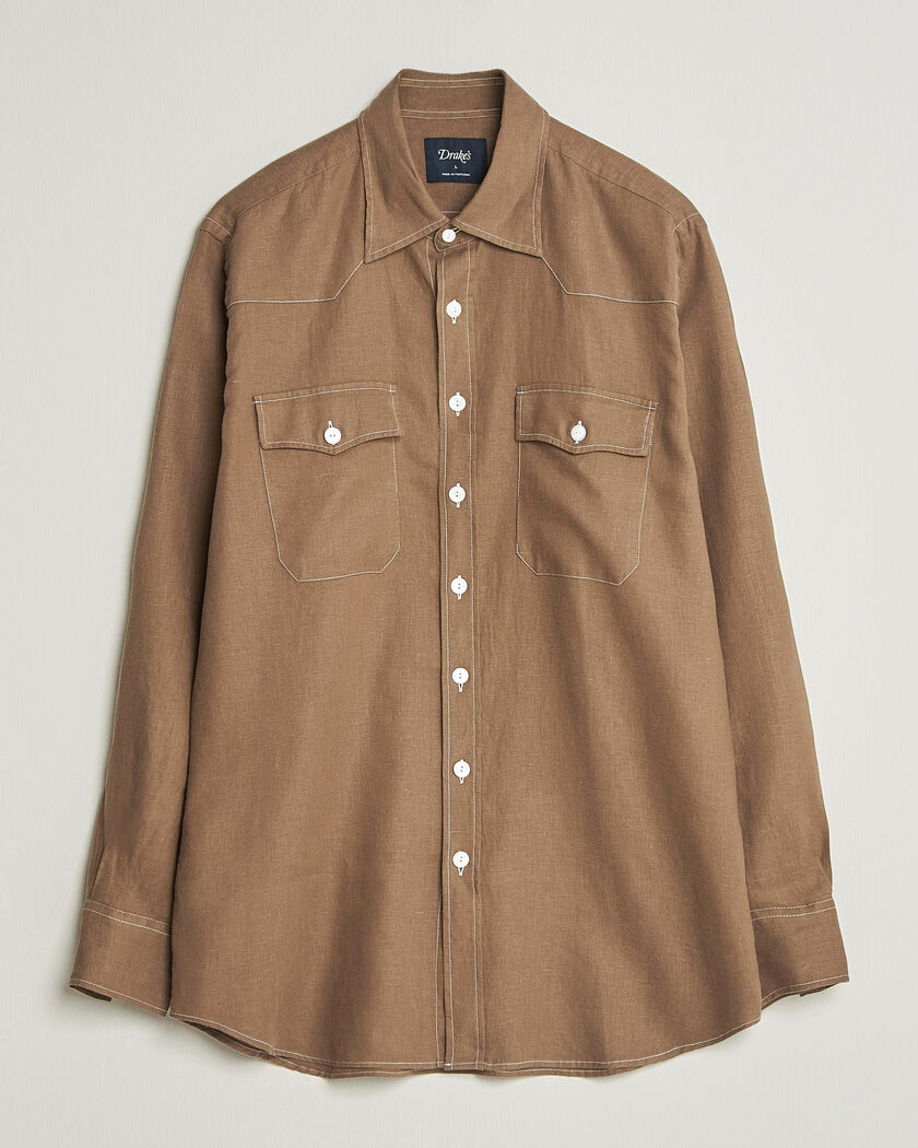 Drake's Solid Linen Western Shirt Brown – Marrón