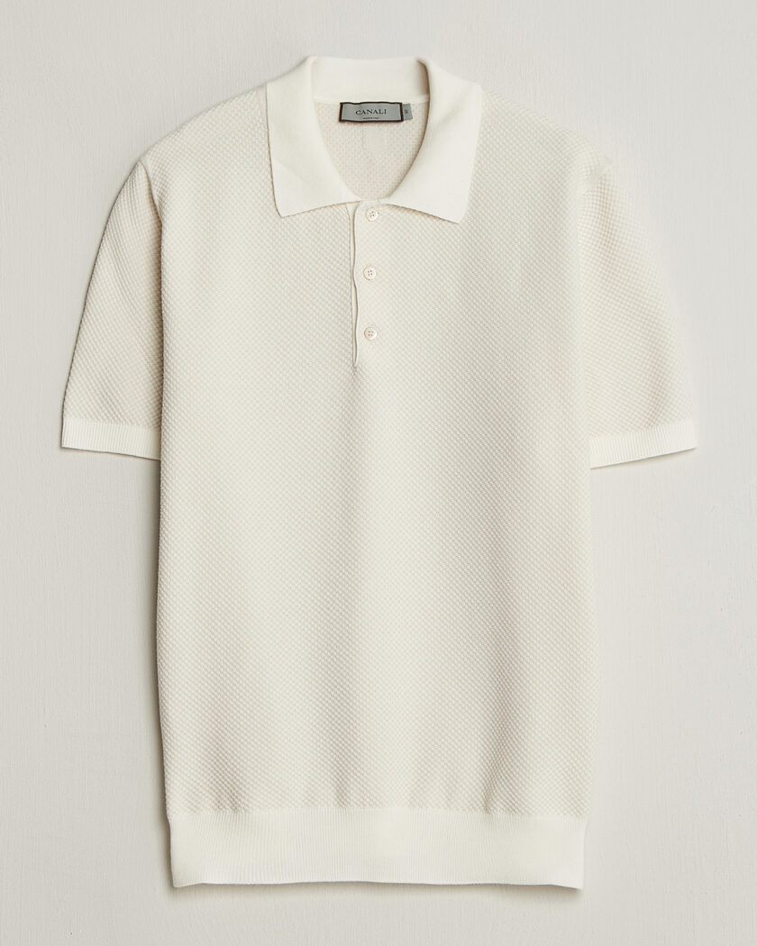 Canali Textured Knit Short Sleeve Polo Off White – Blanco
