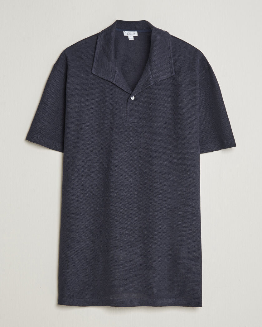 Sunspel Cotton/Linen Pique Polo Navy – Azul