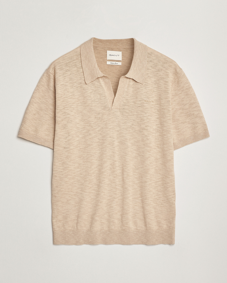 Hombres | Polos | GANT | Linen/Cotton Open Collar Polo Dry Sand