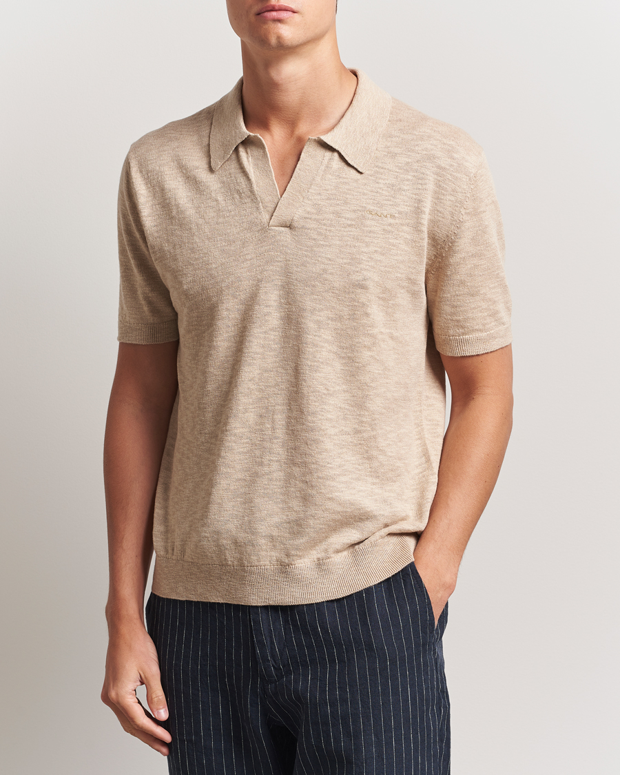 Hombres | Polos | GANT | Linen/Cotton Open Collar Polo Dry Sand