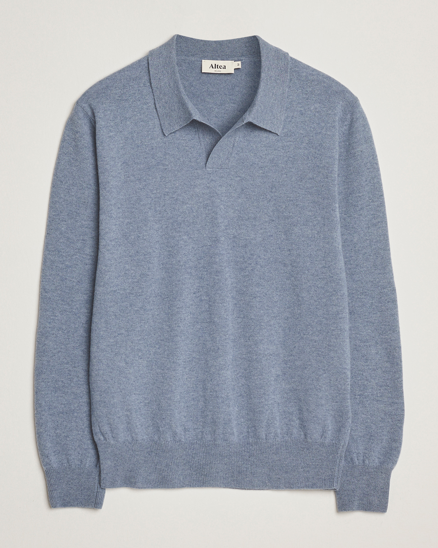 Hombres | Jerséis y prendas de punto | Altea | Long Sleeve Knitted Wool Polo Blue Melange