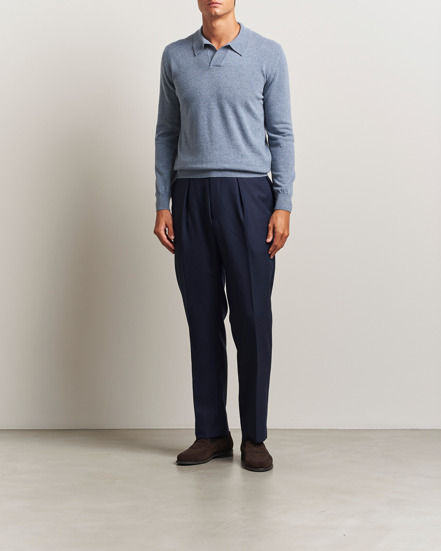 Hombres | Jerséis y prendas de punto | Altea | Long Sleeve Knitted Wool Polo Blue Melange