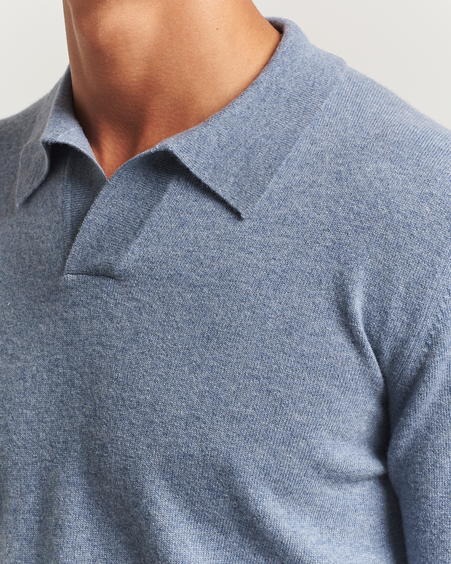 Hombres | Jerséis y prendas de punto | Altea | Long Sleeve Knitted Wool Polo Blue Melange