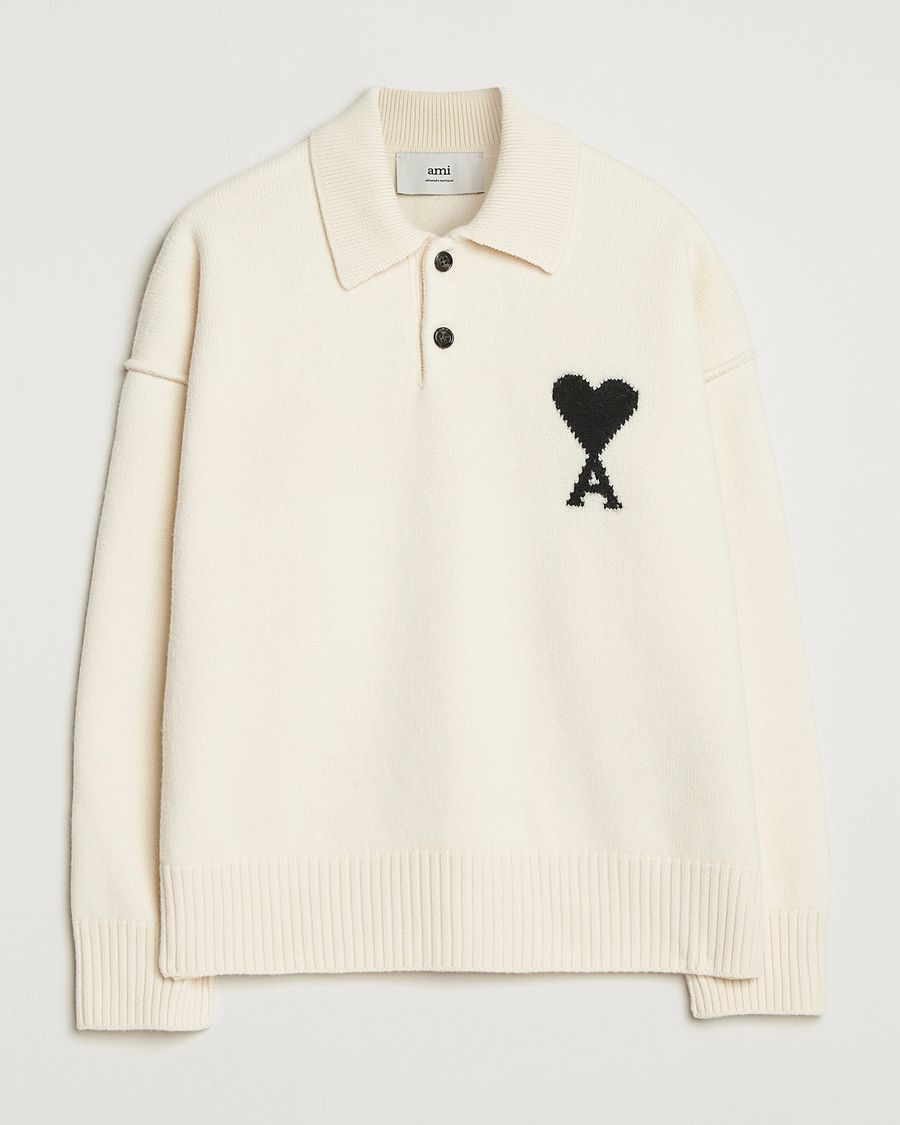 Hombres | Jerséis y prendas de punto | AMI | Big Heart Logo Wool Knitted Polo Ecru