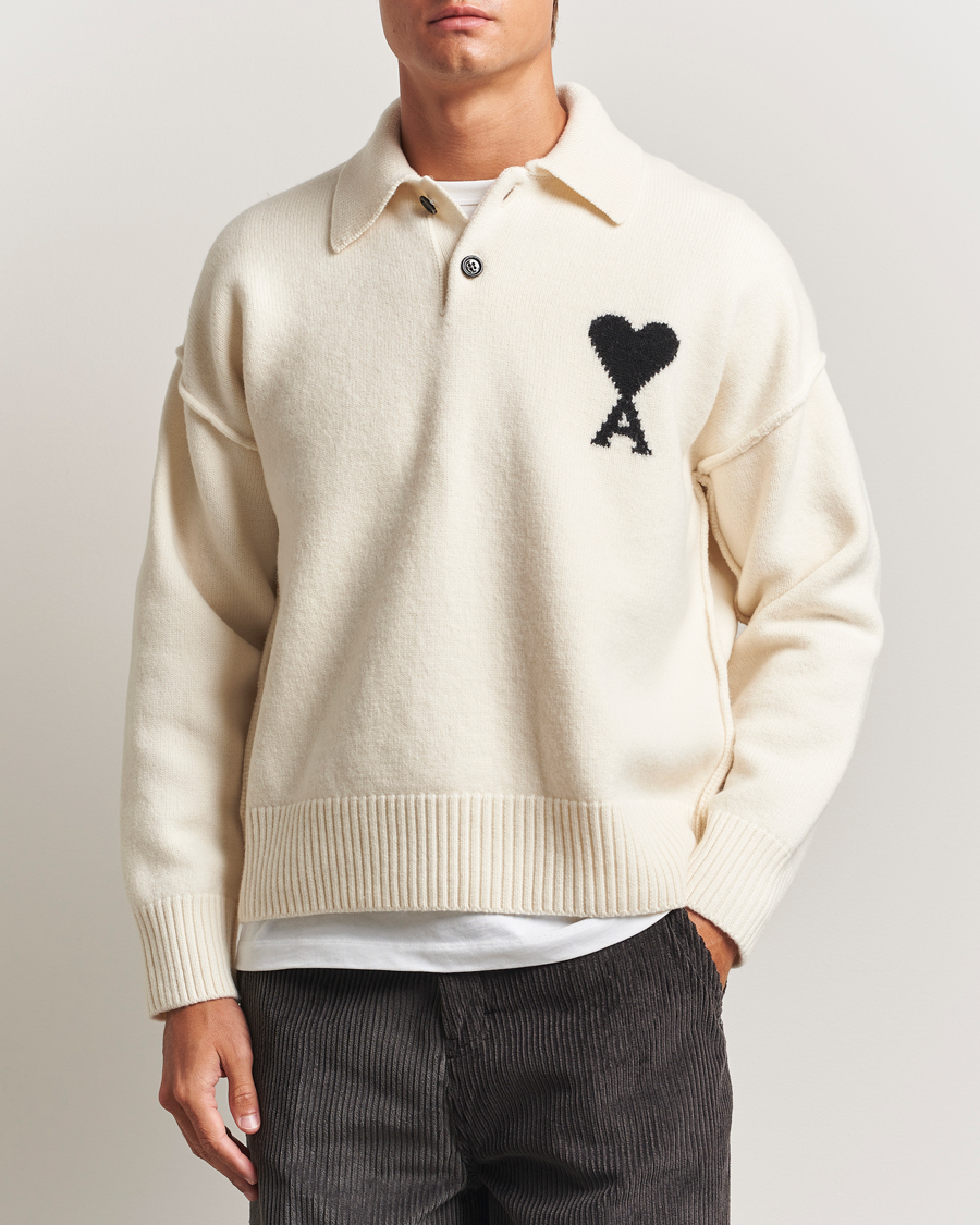 Hombres | Jerséis y prendas de punto | AMI | Big Heart Logo Wool Knitted Polo Ecru