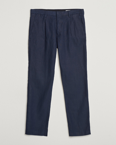  Bill Pleated Linen Trousers Navy Blue