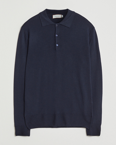 Canali Merino Wool Long Sleeve Polo Navy – Azul