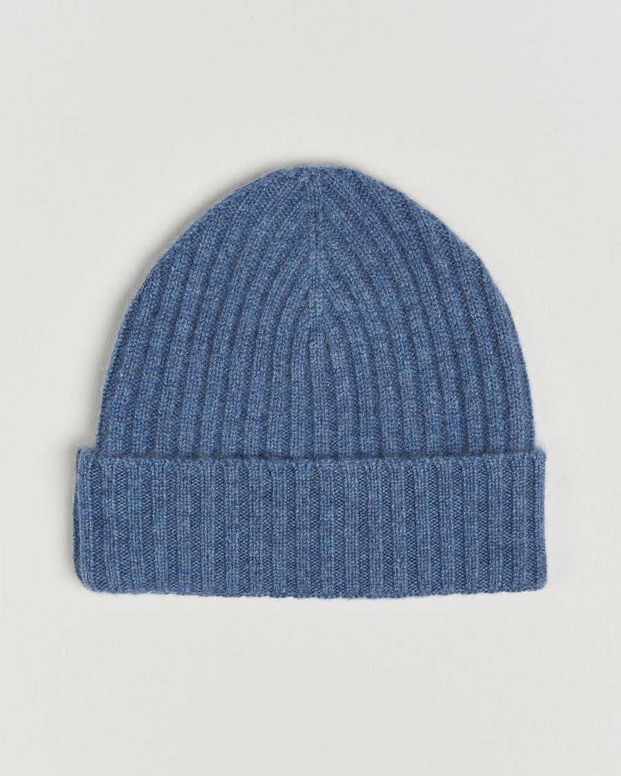 Hombres |  | Amanda Christensen | Rib Knitted Cashmere Cap Blue Melange