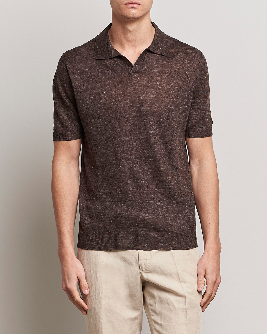 Hombres |  | Gran Sasso | Knitted Linen Polo Dark Brown