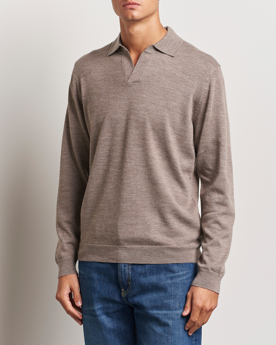 Hombres | Menos de 100 | A Day\'s March | Manol Open Collar Merino Polo Taupe Melange