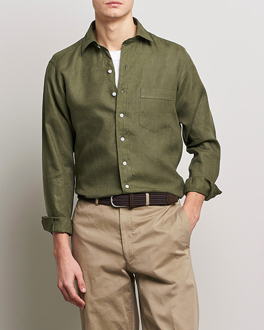 Hombres | Camisas | Drake's | Linen Summer Shirt Green