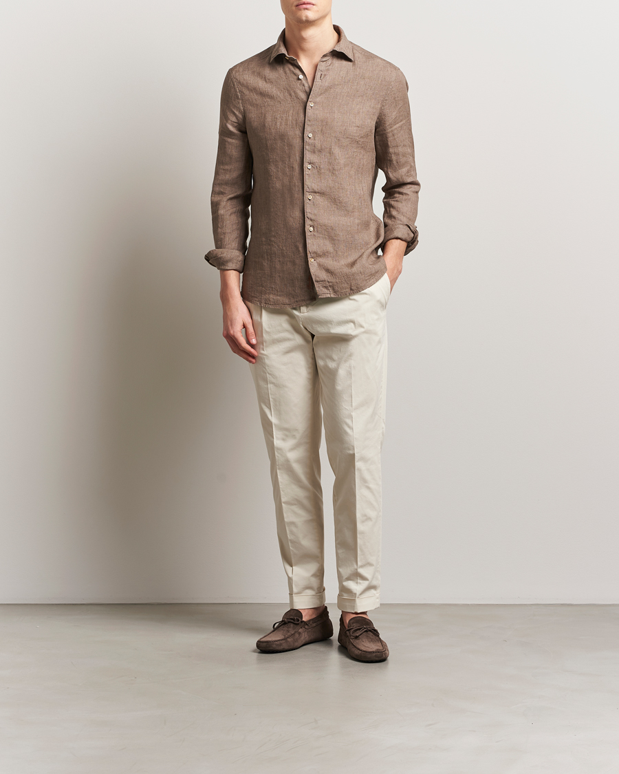 Hombres | Camisas | Stenströms | Slimline Cut Away Linen Shirt Brown