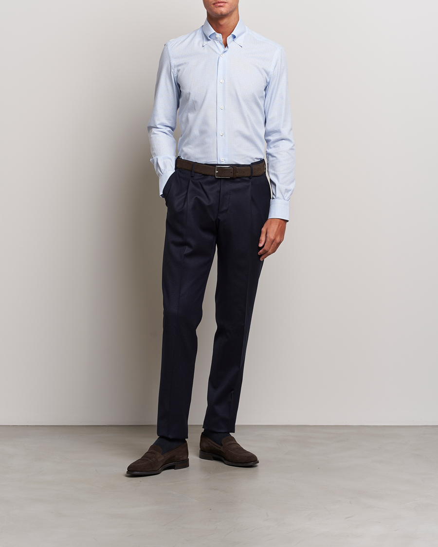 Hombres | Camisas | Mazzarelli | Soft Button Down Checked Shirt Light Blue