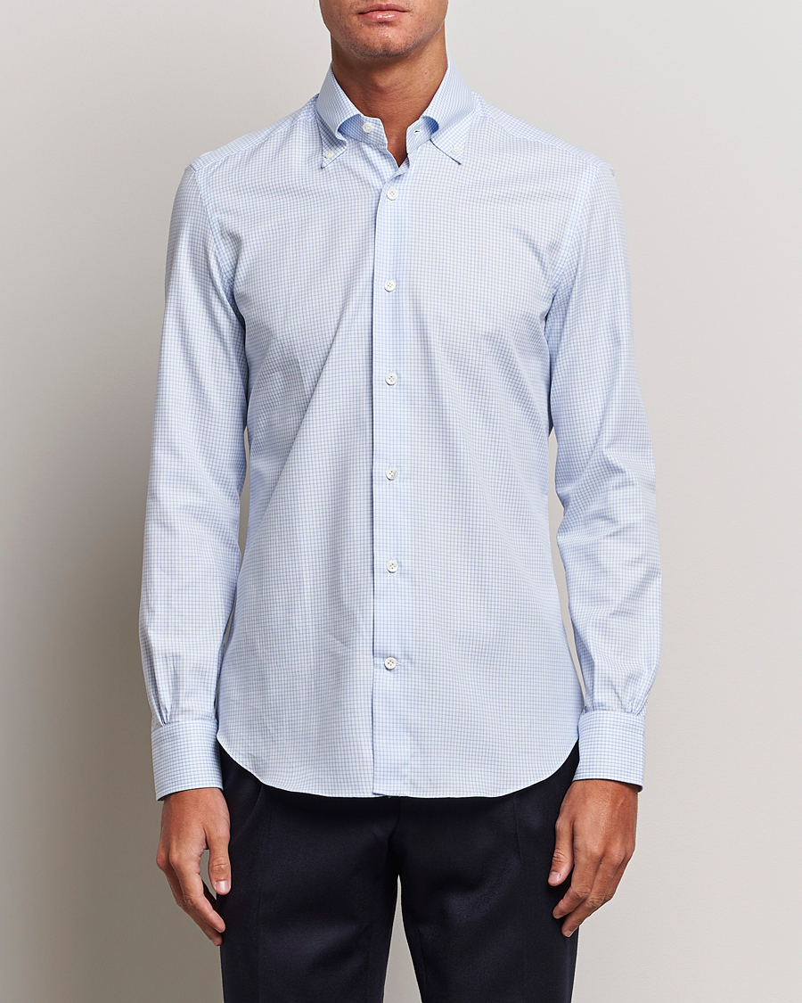 Hombres | Camisas | Mazzarelli | Soft Button Down Checked Shirt Light Blue