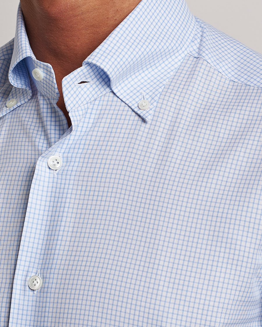 Hombres | Camisas | Mazzarelli | Soft Button Down Checked Shirt Light Blue