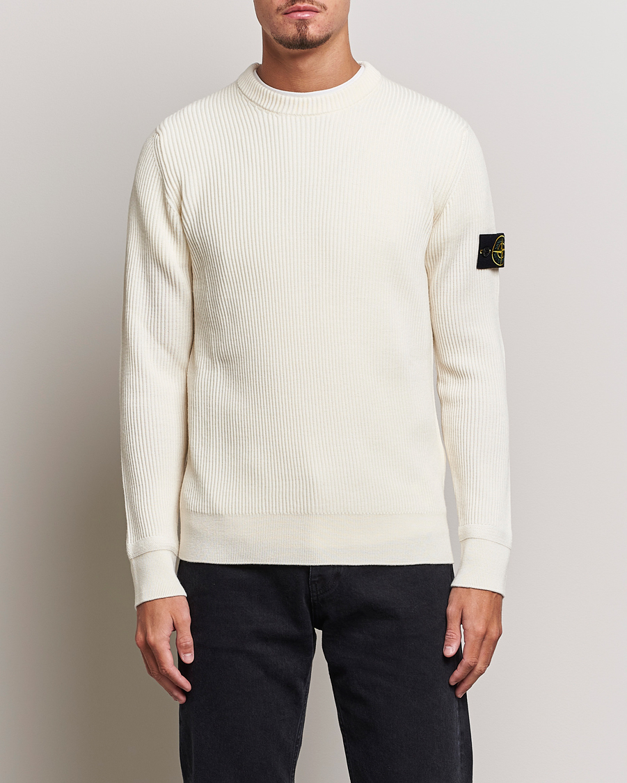 Hombres | Jerséis y prendas de punto | Stone Island | Rib Knitted Wool Sweater Natural