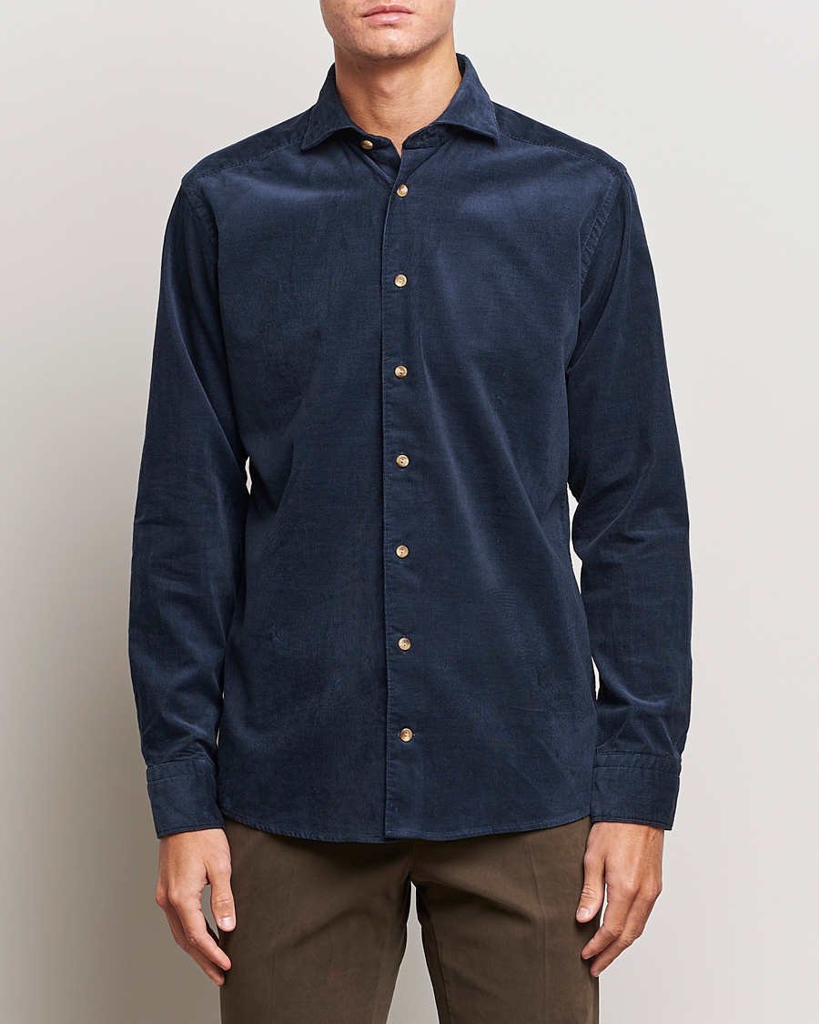 Hombres | Business & Beyond | Eton | Slim Fit Fine Wale Corduroy Shirt Navy Blue