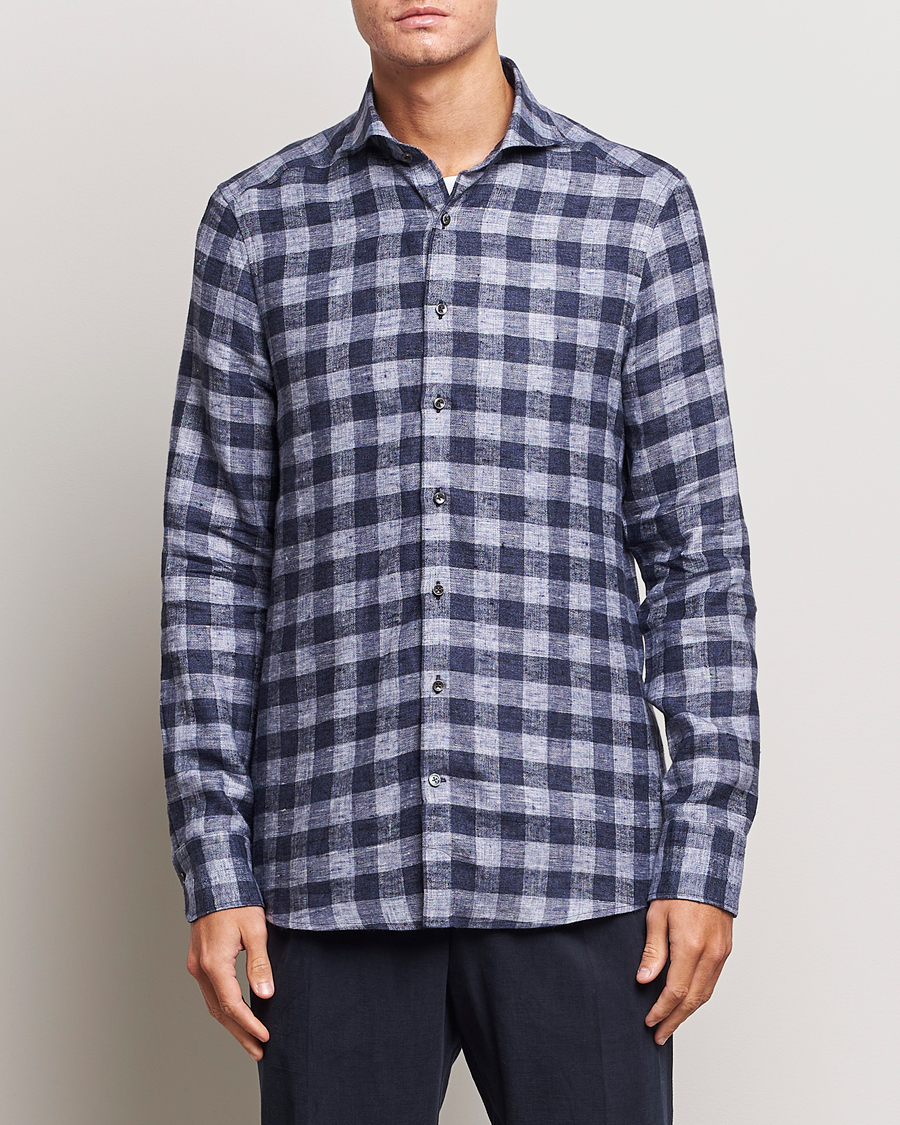 Hombres |  | Stenströms | Slimline Checked Linen Flannel Shirt Blue