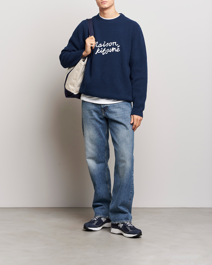 Hombres | Jerséis y prendas de punto | Maison Kitsuné | Handwriting Wool Crew Neck Sweater Ink Blue