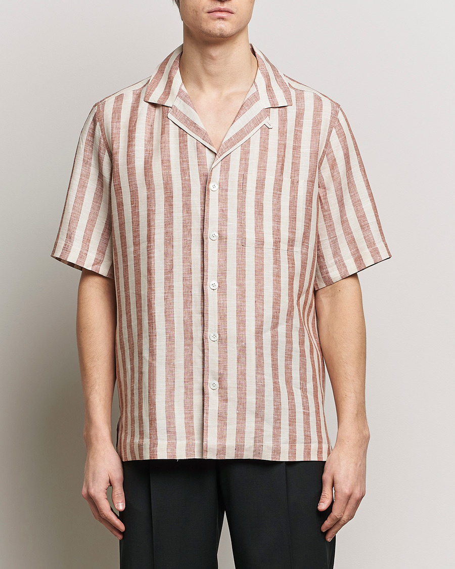 Hombres |  | Lardini | Striped Short Sleeve Linen Shirt Beige/Red