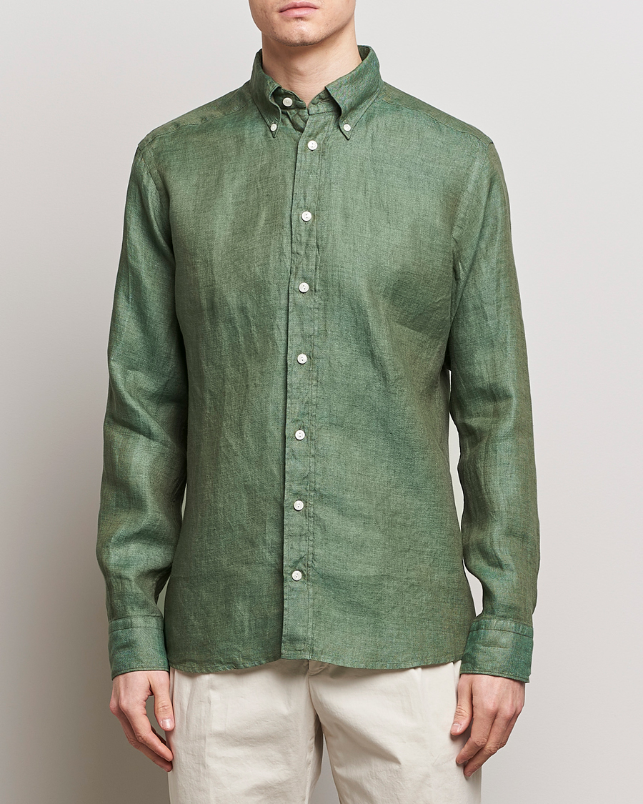 Hombres |  | Eton | Slim Fit Linen Button Down Shirt Dark Green