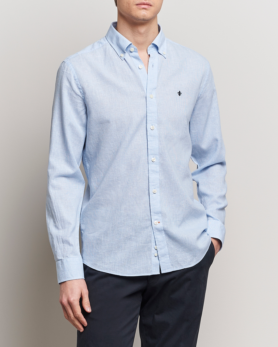 Hombres |  | Morris | Slim Fit Linen Check Shirt Light Blue