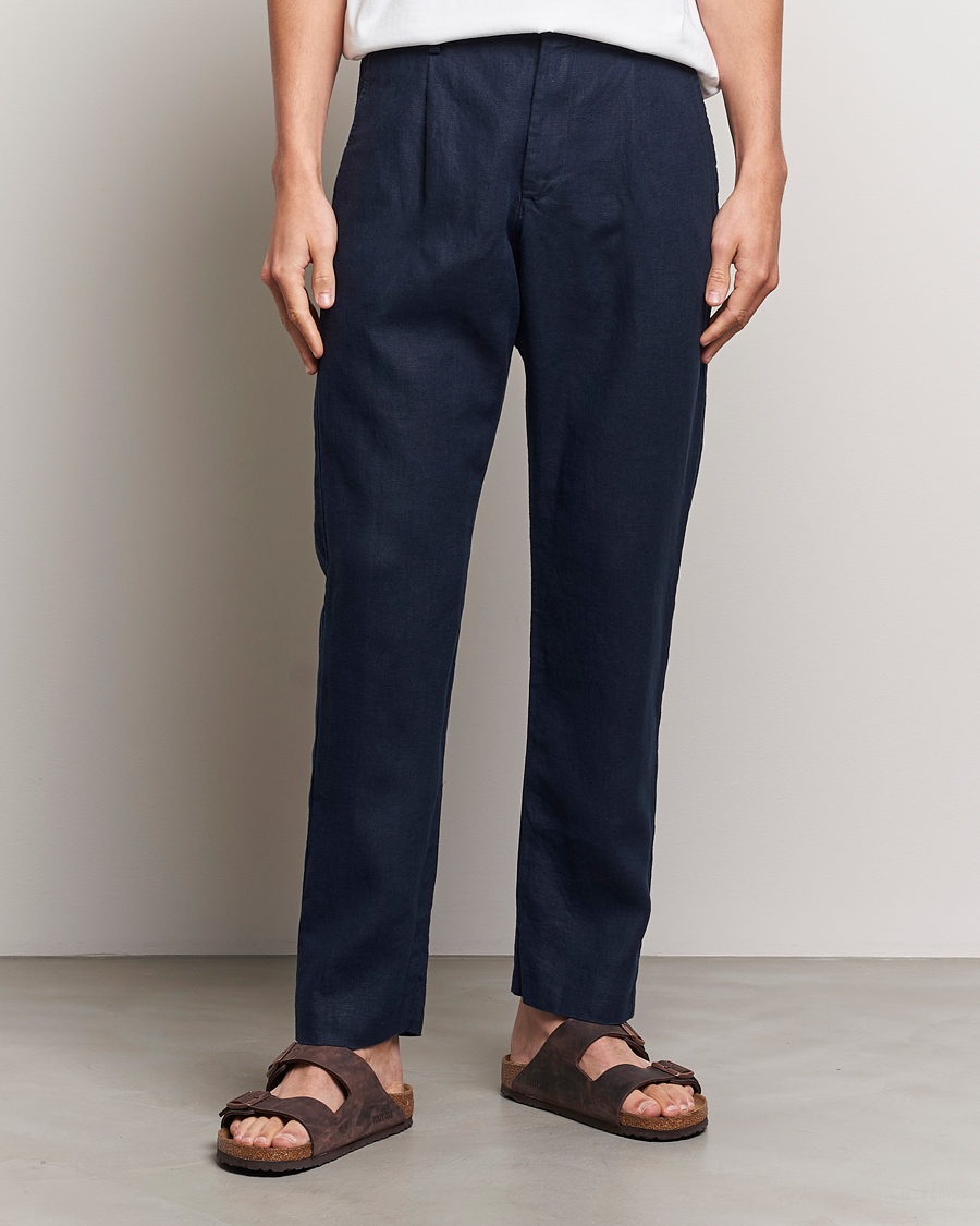 Hombres | Oferta estacional | NN07 | Bill Pleated Linen Trousers Navy Blue