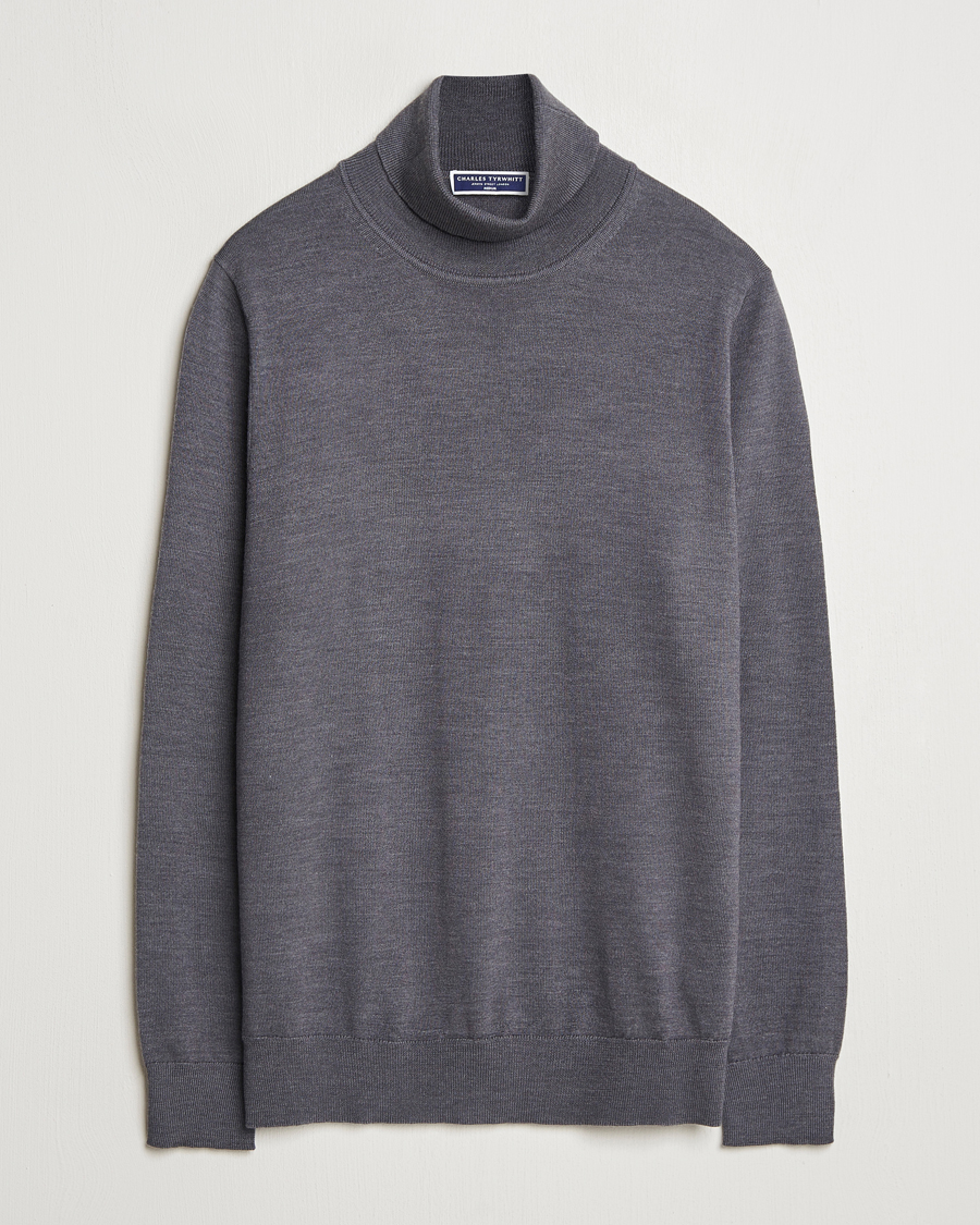 Hombres | Jerséis y prendas de punto | Charles Tyrwhitt | Pure Merino Roll Neck Jumper Grey