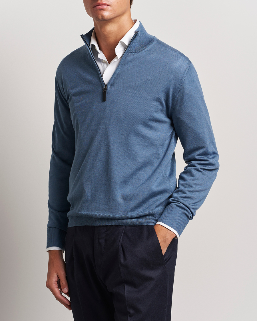 Hombres |  | Canali | Merino Wool Half Zip Light Blue