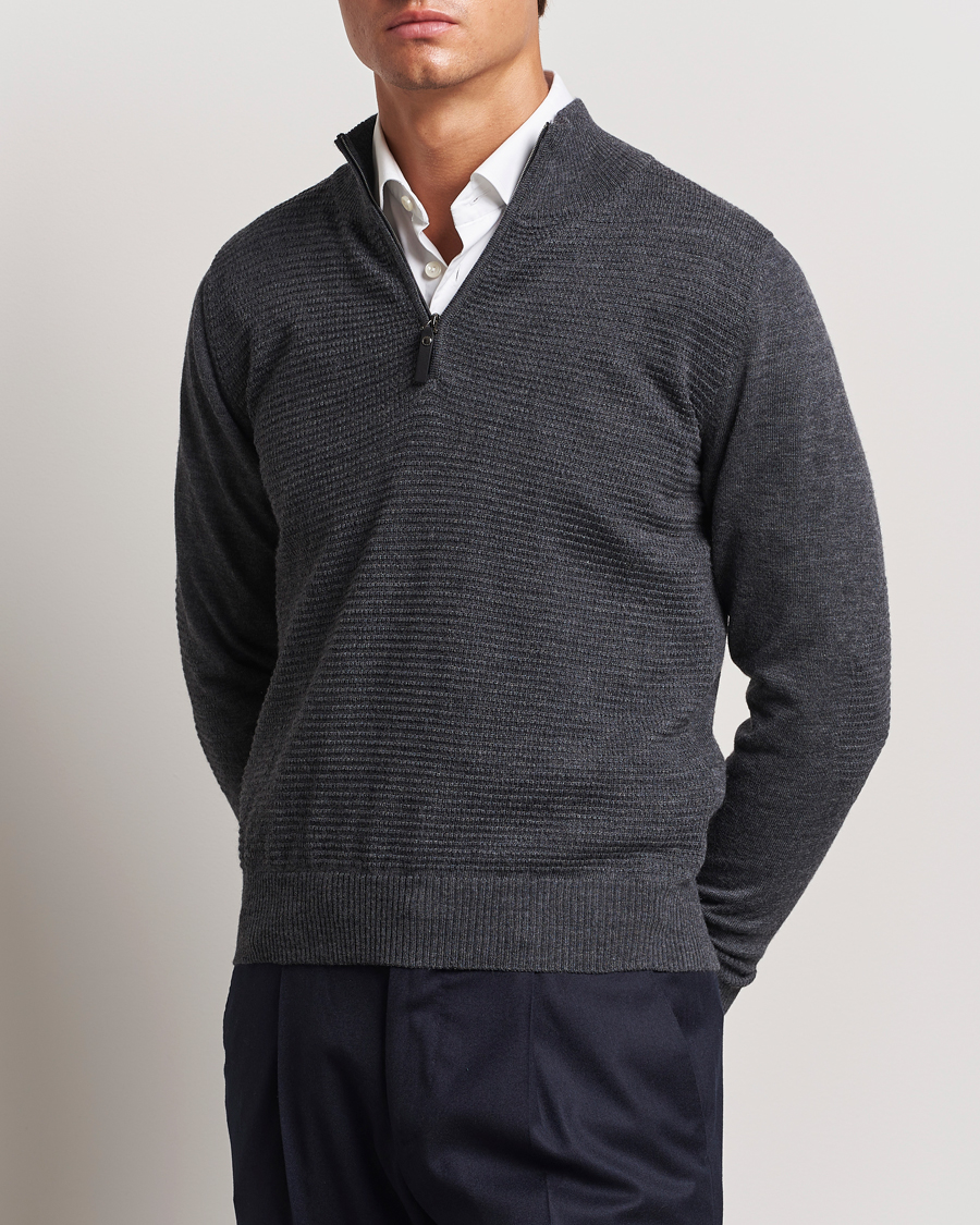 Hombres |  | Canali | Textured Knit Half Zip Charcoal