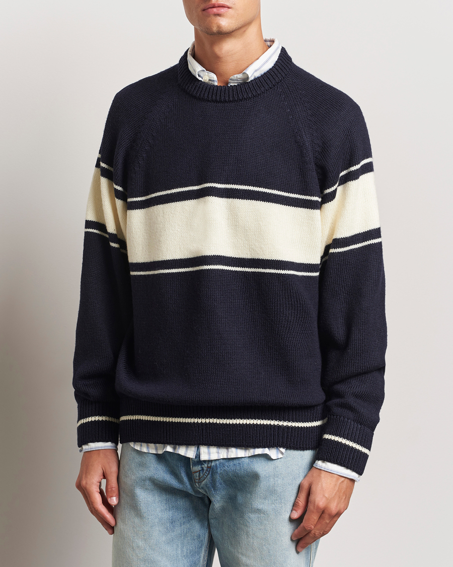 Hombres | Jerséis y prendas de punto | GANT 240 Mulberry Street | Striped Wool Knitted Crew Neck Classic Blue