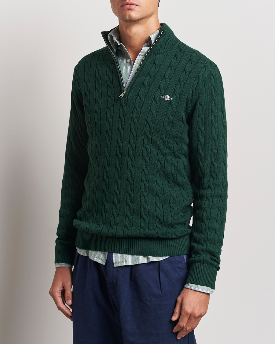 Hombres |  | GANT | Cotton Cable Half Zip Tartan Green