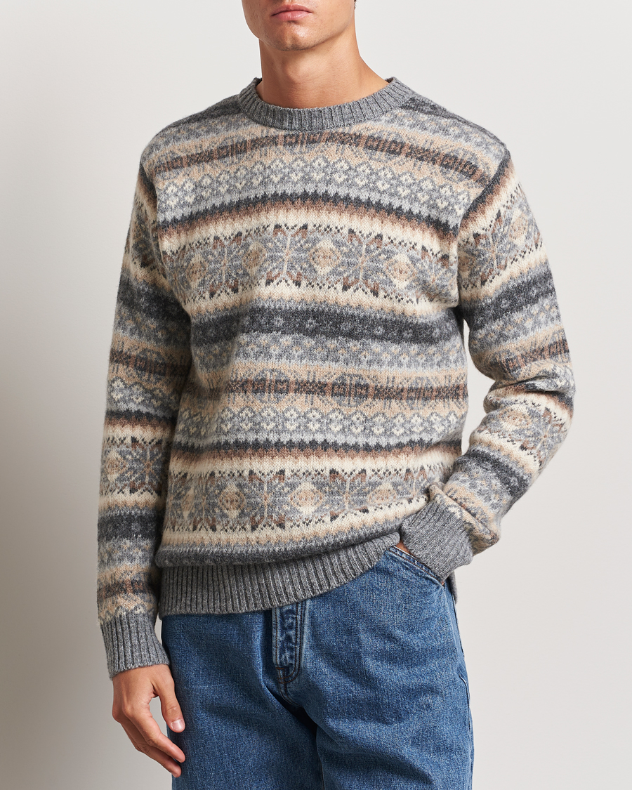 Hombres | Ropa | Harley Of Scotland | Supersoft Lambswool Fairisle Crewneck Grey