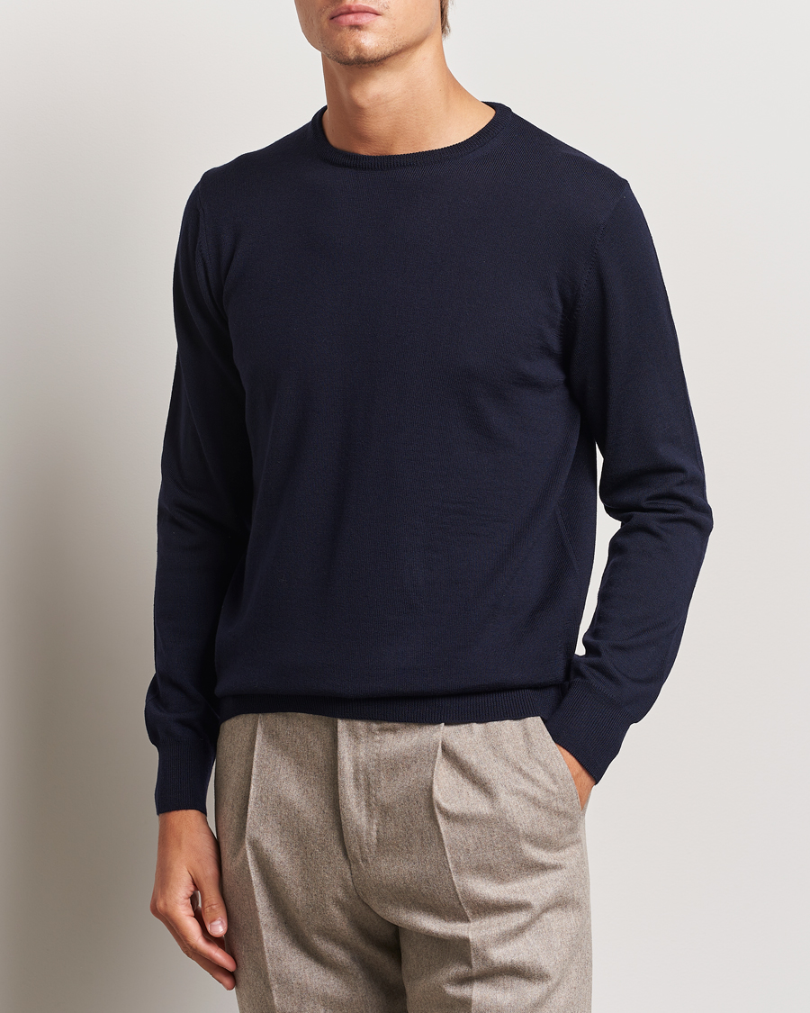 Hombres | Jerseys de cuello redondo | Morgano | Extra Fine Merino Wool Crewneck Navy