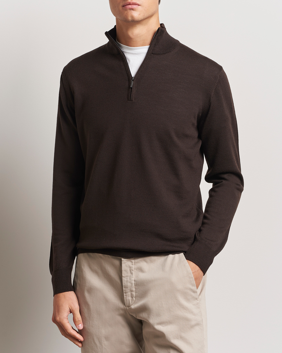 Hombres |  | Morgano | Extra Fine Merino Wool Half-Zip Dark Brown