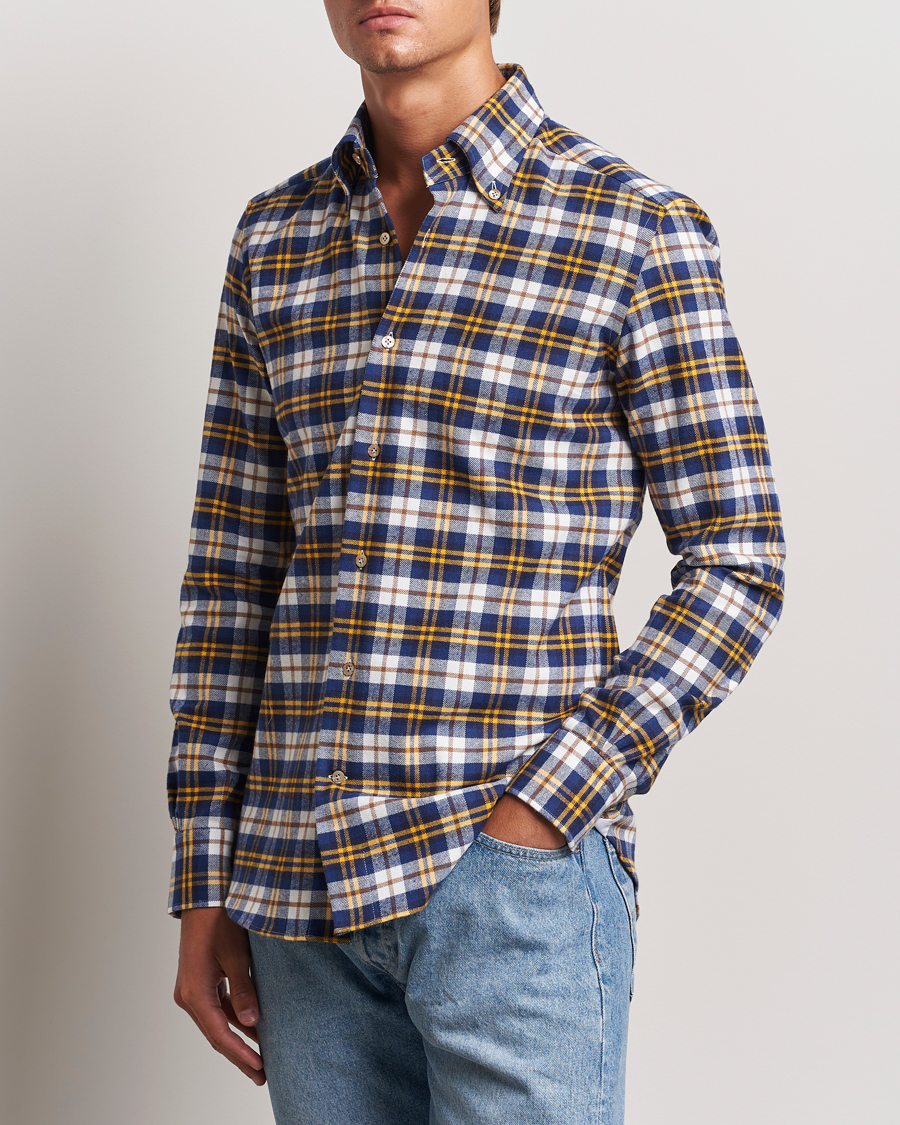 Hombres |  | Mazzarelli | Soft Flannel Check Button Down Shirt Blue/White