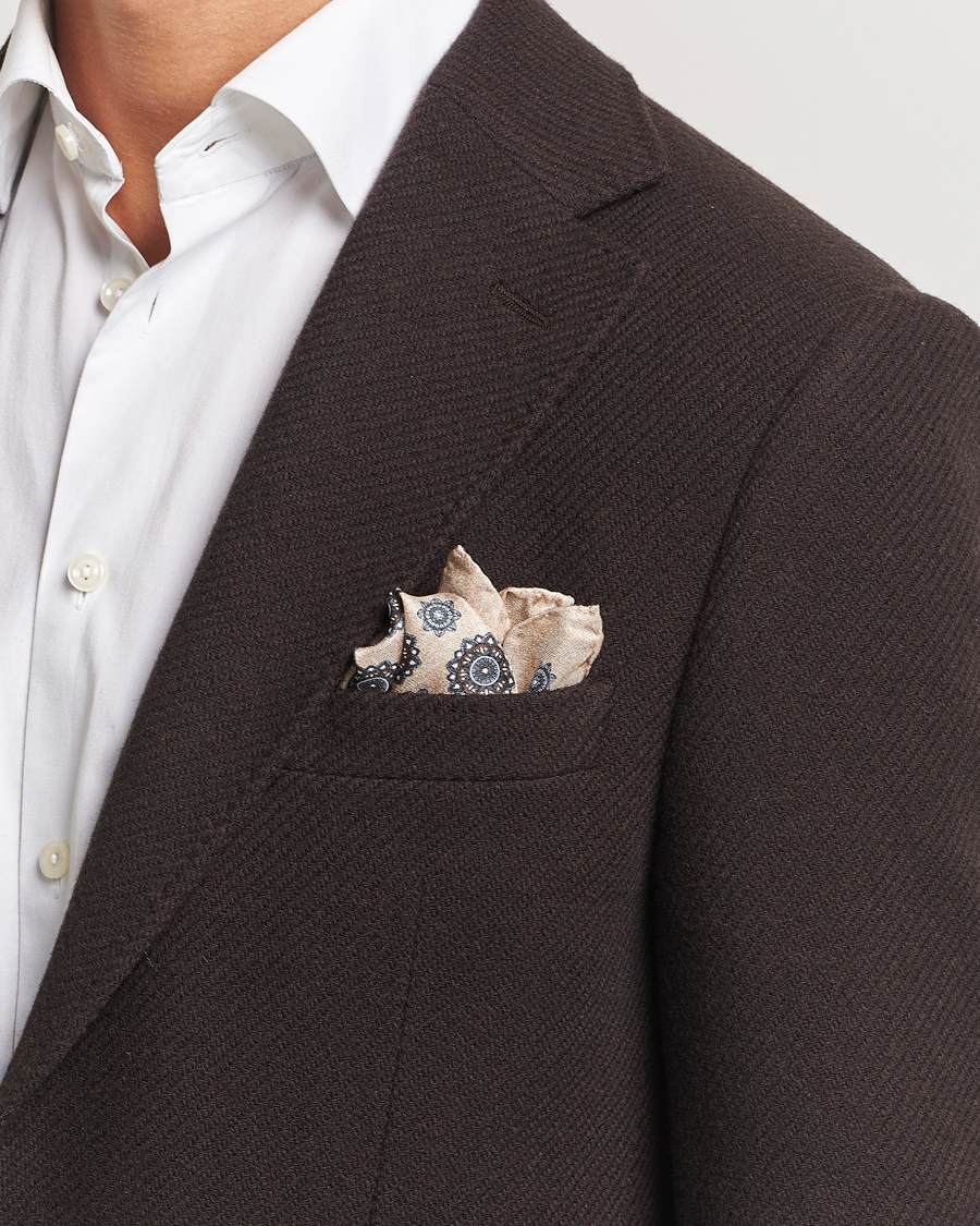 Hombres |  | Amanda Christensen | Silk Twill Printed Flower Pocket Square Cream