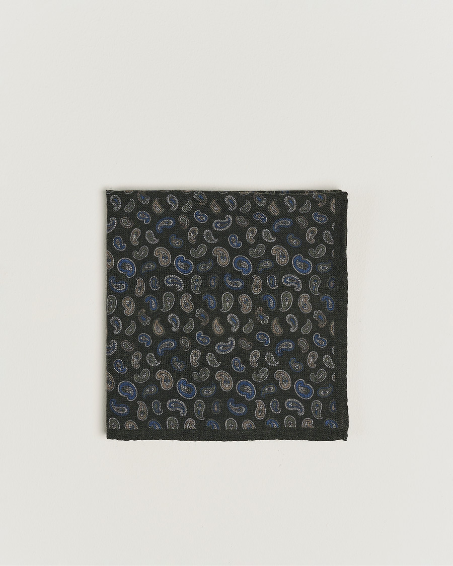 Hombres |  | Amanda Christensen | Wool Flannel Printed Paisley Pocket Square Dark Olive