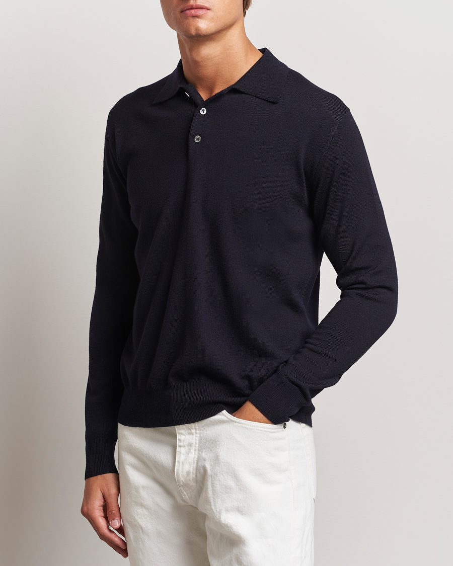 Hombres |  | Altea | Merino Long Sleeve Polo Navy