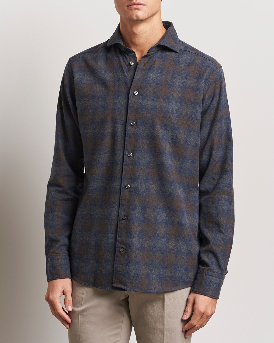 Hombres |  | Eton | Slim Fit Checked Flannel Shirt Navy Blue