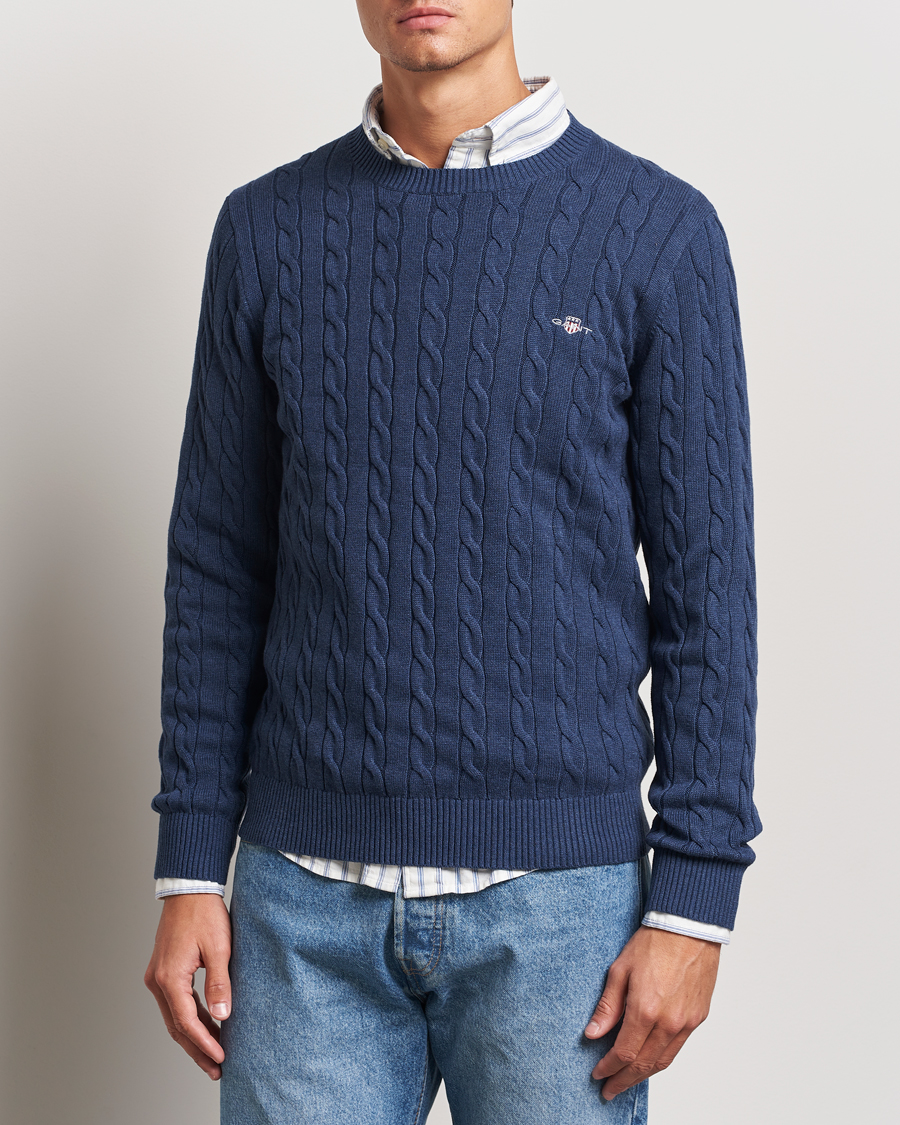 Hombres |  | GANT | Cotton Cable Crew Neck Dark Jeans Blue Melange