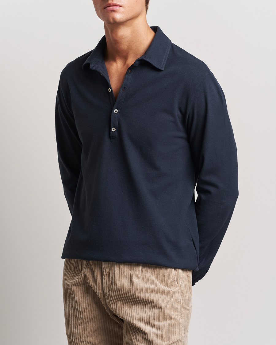 Hombres |  | Massimo Alba | Ischia Cotton/Cashmere Long Sleeve Polo Navy