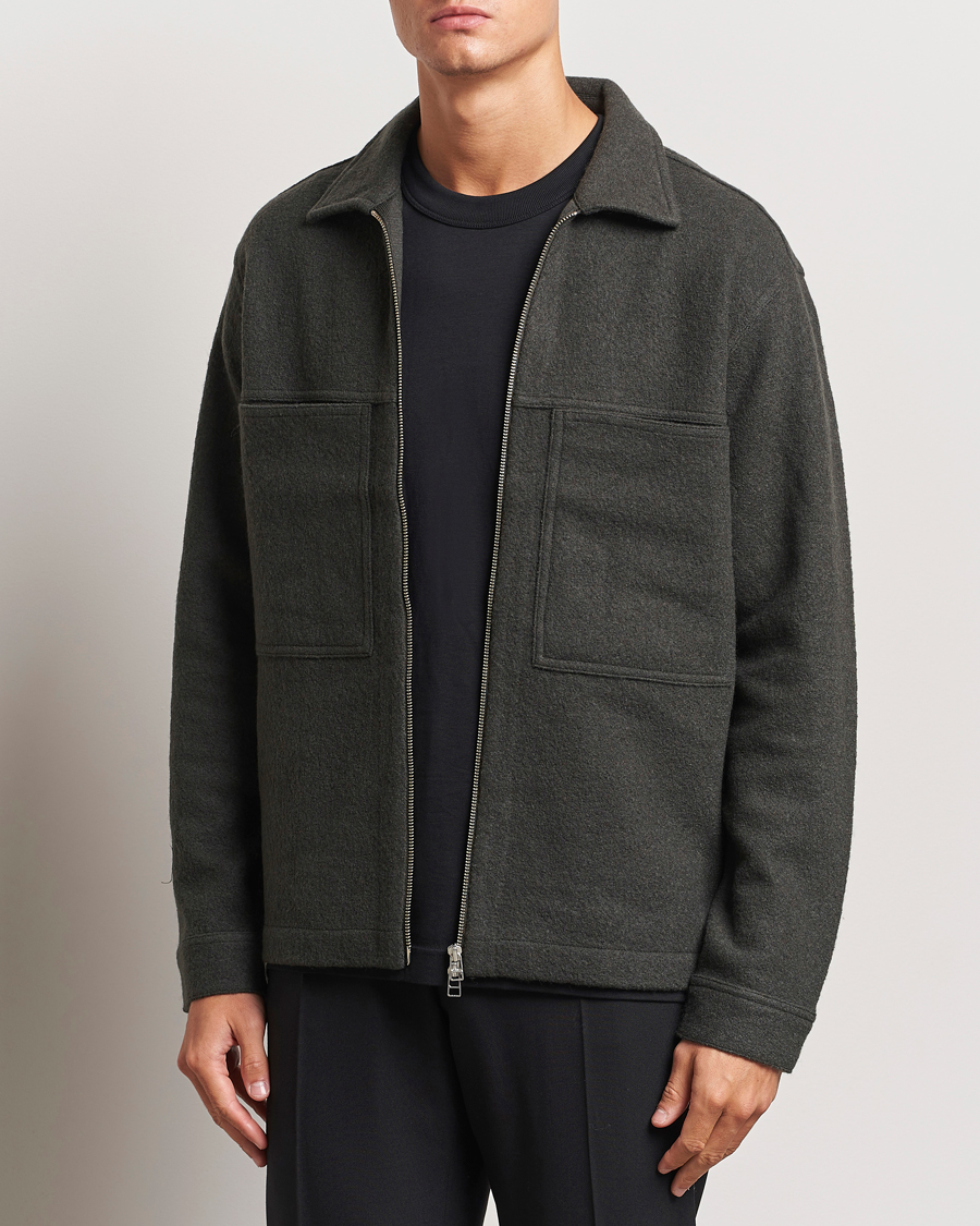 Hombres |  | NN07 | Isak Boiled Wool Full Zip Dark Army